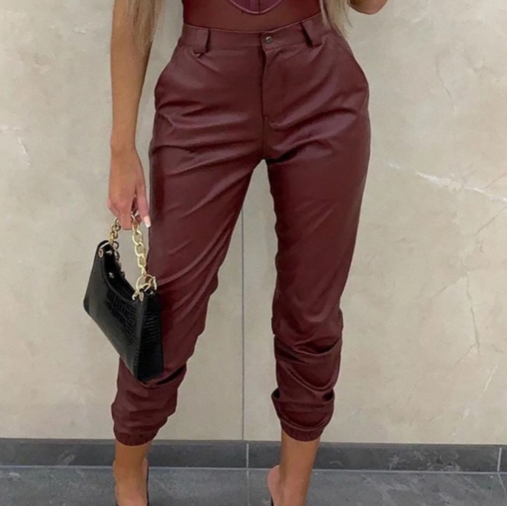 BURGUNDY Faux Leather Jogger Pants -FASHION NOVA